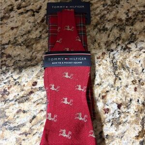 Tommy Hilfiger Red Bow Tie & Pocket Square Set with Horse Motif